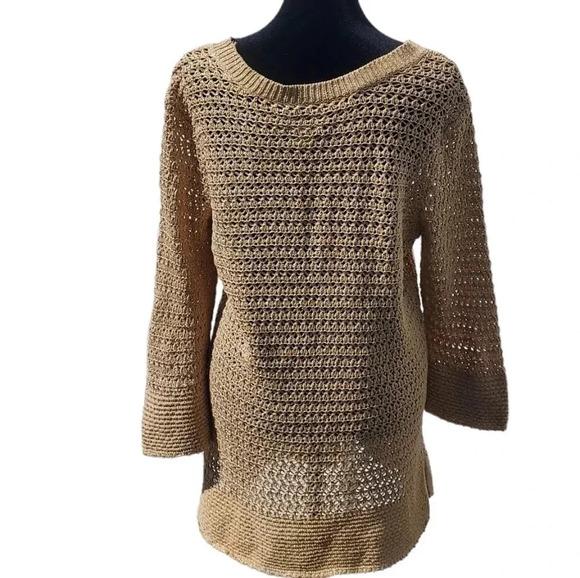Chicos Light Brown/Gold Glittered Open Knit Sweater Size 1 - Picture 2 of 9